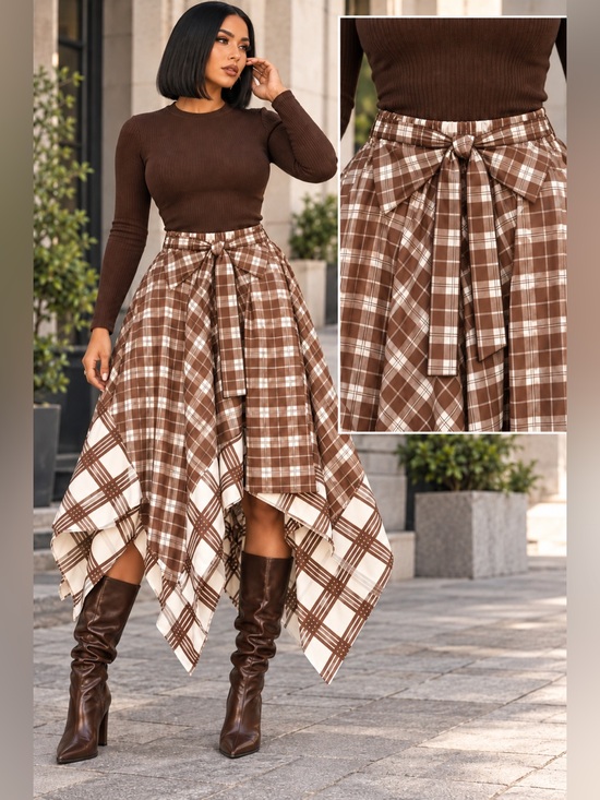 UNBRANDED1 Dresses & Skirts - Plaid Asymmetric Handkerchief Hem Skirt in Brown